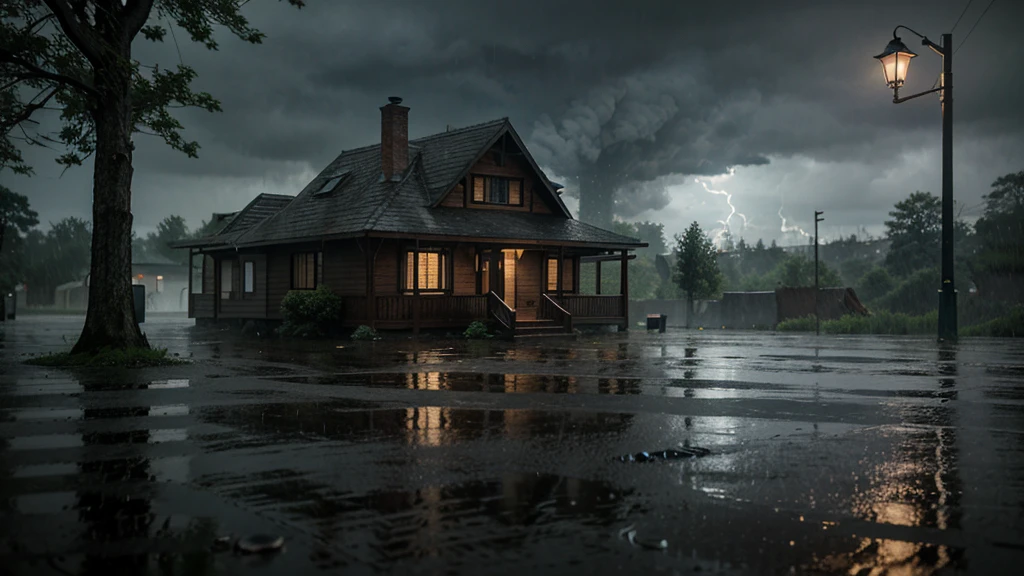 there is a house in the rain with a lot of rain on it, a lot of trees, a matte painting inspired by Gregory Crewdson, shutterstock, realism, gloomy weather. hyperrealistic, rainy scene, at evening during rain, rainy day. game render, rainy evening, rainy night, raining at night, cryengine render 8 k, rain falling, unreal 6 breathtaking detailed