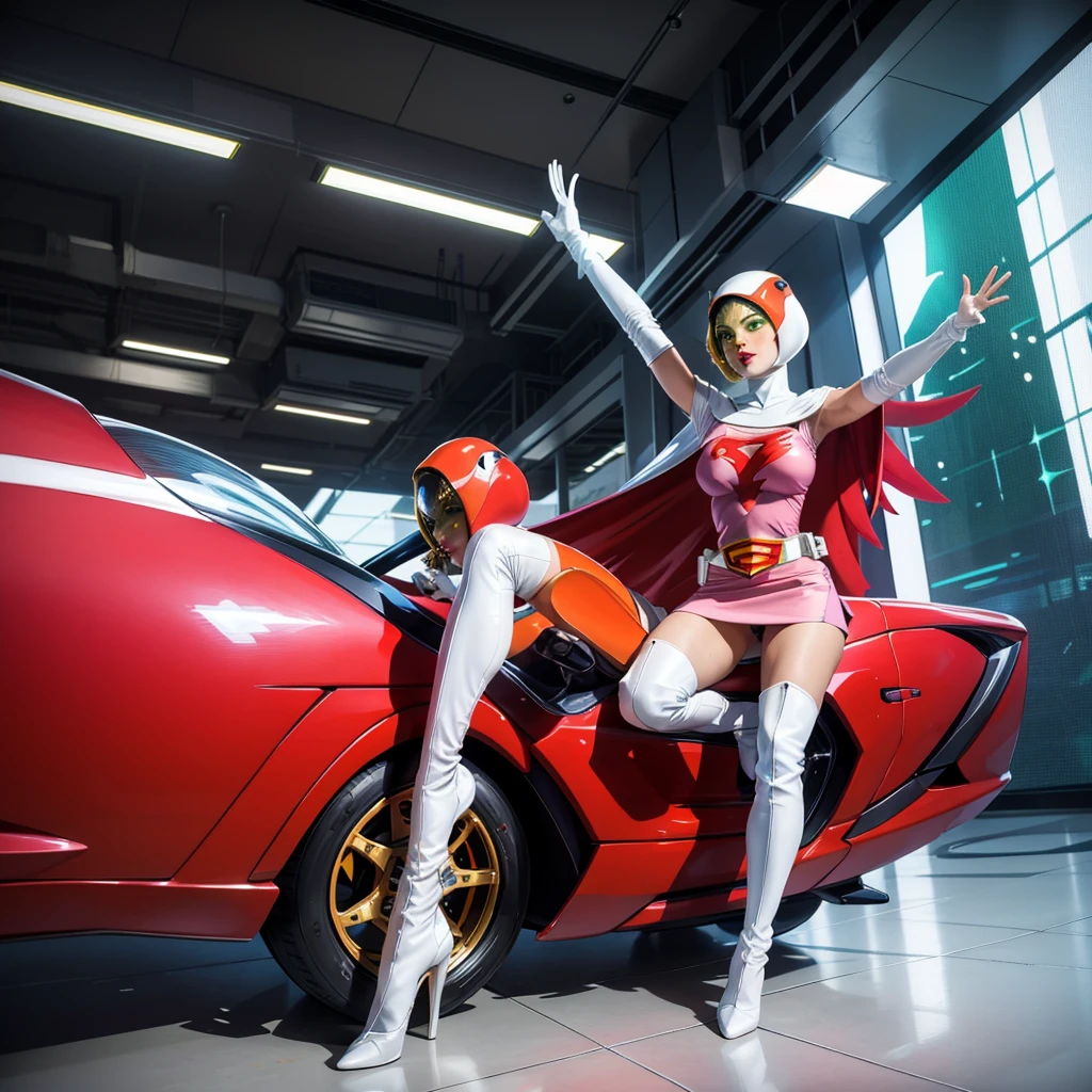 ANI_CLASSIC_jun_gatchaman_ownwaifu,1girl, ,good anatomy, masterpiece, best quality,realistic, hyperrealistic, 16k hdr, long hair,breasts,green eyes,lips,large breasts,lipstick,makeup,gloves,cape,helmet,belt,elbow gloves,white gloves,mask,ultra miniskirt,leotard,spacesuit,white tight overknee highheels boots,pink dress,superhero,bodysuit,cleavage,erected nipples,(sexy pose,view from below),(spread legs:1.1),cameltoe