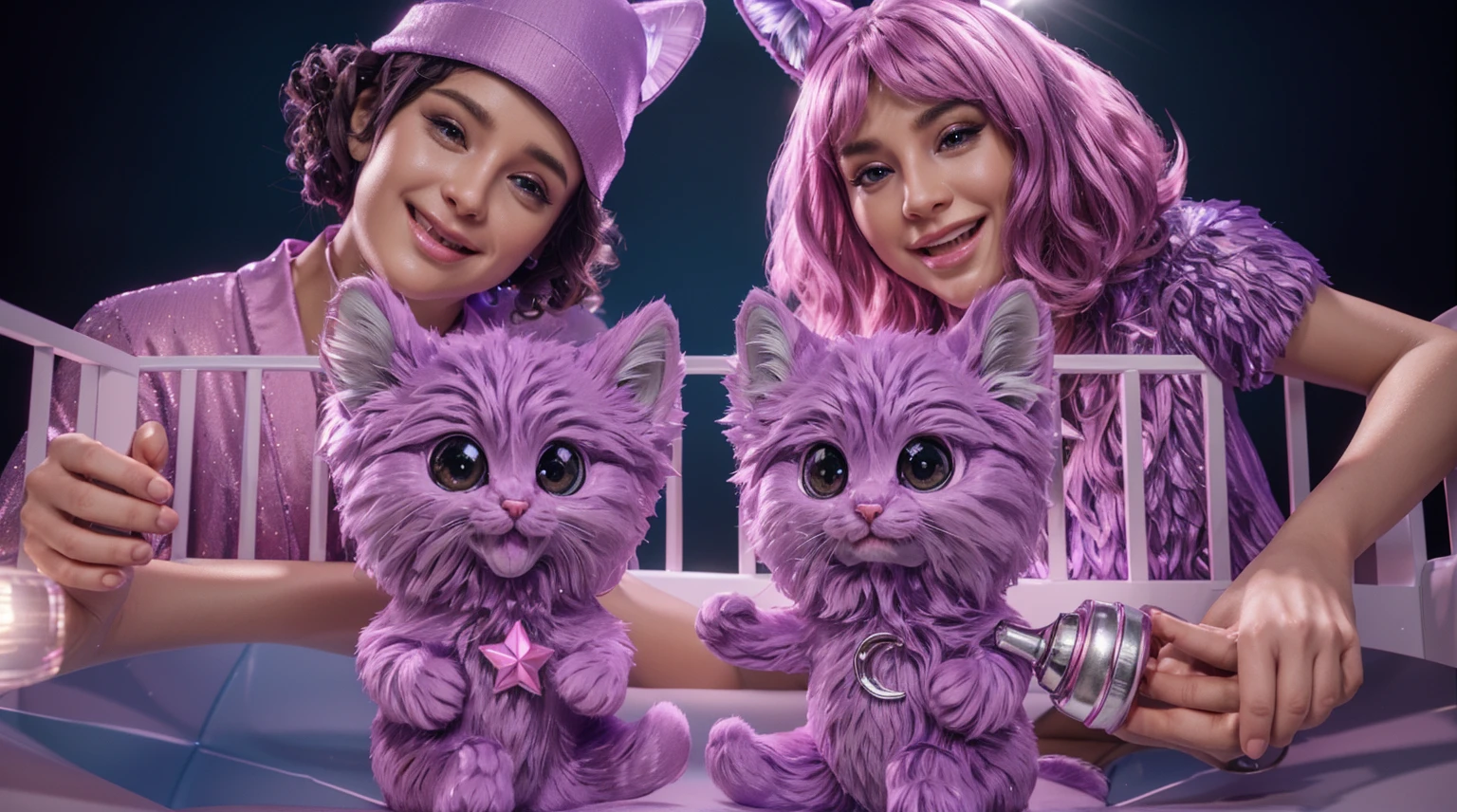 on the sides there is a man in purple, he has a purple hat with cat ears, on the right side there is a girl with pink hair, she is holding a baby bun with milk, her hand reaches into the cot, which is right in front of us, in the cot there are two very fluffy and cute kittens, on the left - a pink kitten, on the right - a purple kitten, smooth 3d model, glossy plastic texture, multiple light sources, rim light, sharp post effects render, most beautiful vfx, , realistic, 4k, high resolution, rim light, smooth 3d model. , glossy texture, smooth 3d model, multiple light sources, rim light, sharp post effects render, (glossy plastic texture with multiple big light probe refractions), perfect cgi, reflective, best quality, 4k, masterpiece:1.2, ultra-detailed, realistic, vivid colors, The image of the highest quality, ensuring every detail showcased perfectly. It in 4k resolution, allowing viewers to immerse themselves in the richness of the colors and intricate details. The realistic rendering. under the spotlight, reflecting, high-resolution image, realistic rendering