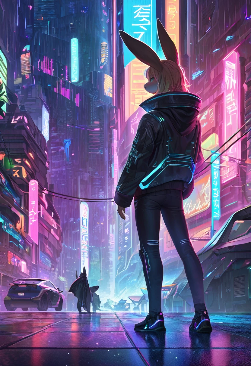 ((Masterpiece)), ((Best Quality)), (Very Detailed), ((Very Detailed)), 4K, (8K), very aesthetic, absurdres highres, 1 female, anthropomorphic rabbit, furry, kemono, Draw a silhouette of a person with their back turned. The figure stands against the background of a futuristic city, with bright and colorful digital rain raining down on the background. The silhouettes of the figures are illuminated by neon lights, and the light emphasizes their outlines. The person's clothing is cyberpunk-style, with glowing lines on the jacket. The city in the background is filled with skyscrapers and holographic advertisements, giving it an overall futuristic and energetic feel.
