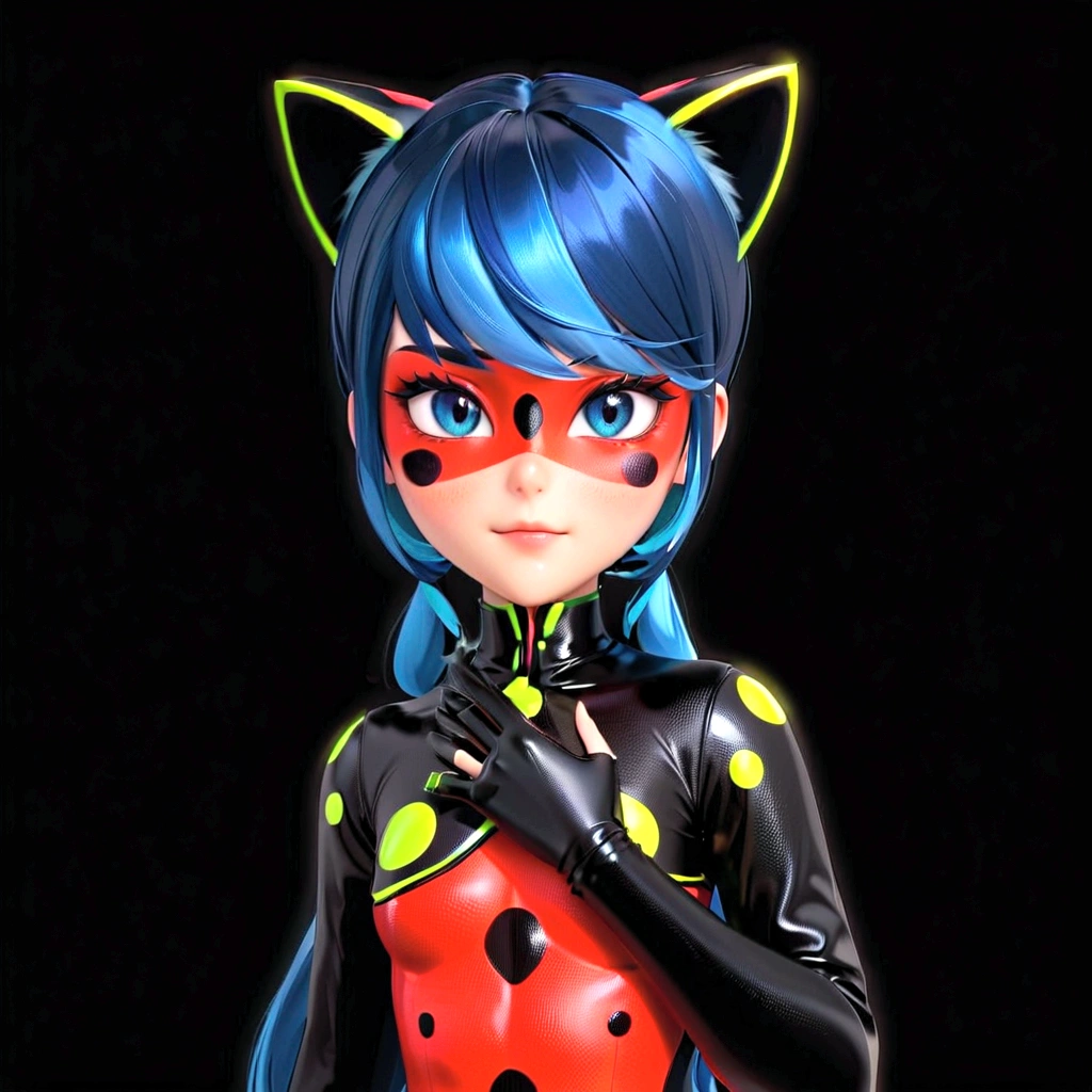 un primer plano de una ladybug con pelo azul y un traje de gato, Miraculous ladybug, Miraculous, cat girl, anime cat girl, beautiful young cat girl, cat girl, very beautiful beautiful cat girl, ladybug, attractive cat girl, ladybug as a monster, beautiful anime cat girl, render of a beautiful 3d anime girl, beautiful! c4d
