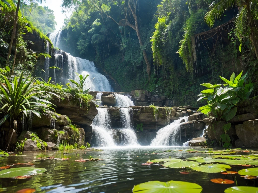 ((Top Quality)),((Excellent)),((High Resolution)),Ancient ruins found deep in the jungle,There is a large waterfall,Aquatic plants are floating in the pond,
