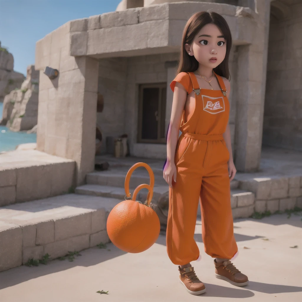 Armenian girl standing on a beach with an orange overall, orange jumpsuit, overalls, wearing an orange jumpsuit, official product image, wearing overalls, orange halter top, artist wearing overalls, wearing an orange t-shirt, wearing orange sundress, wearing orange prison jumpsuit, neck zoomed in, wearing an orange t shirt, cute girl wearing tank suit