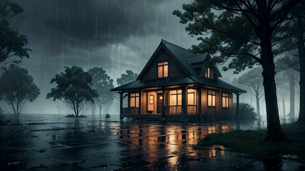 there is a house in the rain with a lot of rain on it, a lot of trees, a matte painting inspired by Gregory Crewdson, shutterstock, realism, gloomy weather. hyperrealistic, rainy scene, at evening during rain, rainy day. game render, rainy evening, rainy night, raining at night, cryengine render 8 k, rain falling, unreal 6 breathtaking detailed