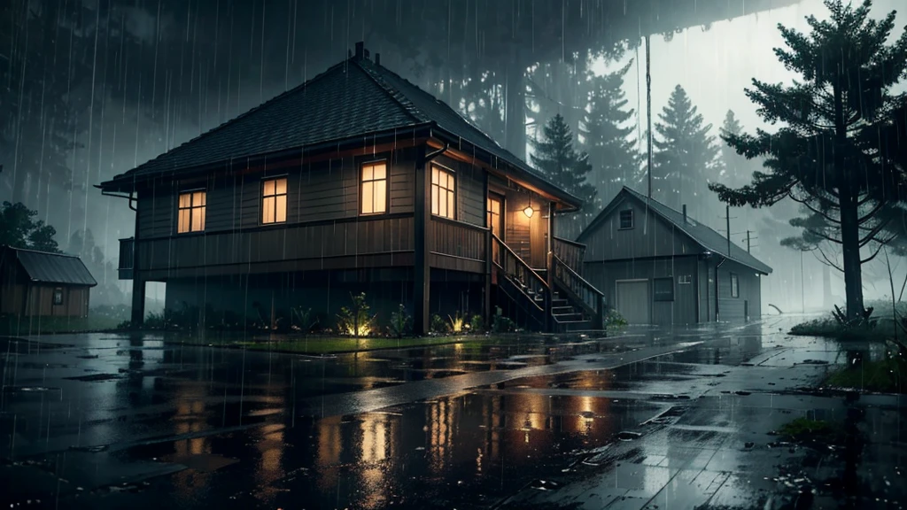 there is a house in the rain with a lot of rain on it, a lot of trees, a matte painting inspired by Gregory Crewdson, shutterstock, realism, gloomy weather. hyperrealistic, rainy scene, at evening during rain, rainy day. game render, rainy evening, rainy night, raining at night, cryengine render 8 k, rain falling, unreal 6 breathtaking detailed