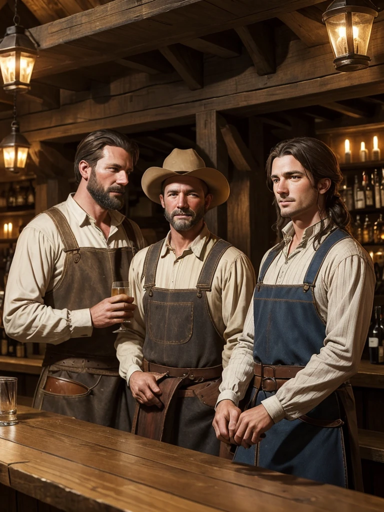 A group of farmers and ranchers dressed in medieval-style work clothes crowd around the bar of a wooden tavern.. They seem to be having a good time.. Its aspects are diverse, their disparate faces , wide, tall, low, each one clearly differentiates itself from the rest. They are all men.