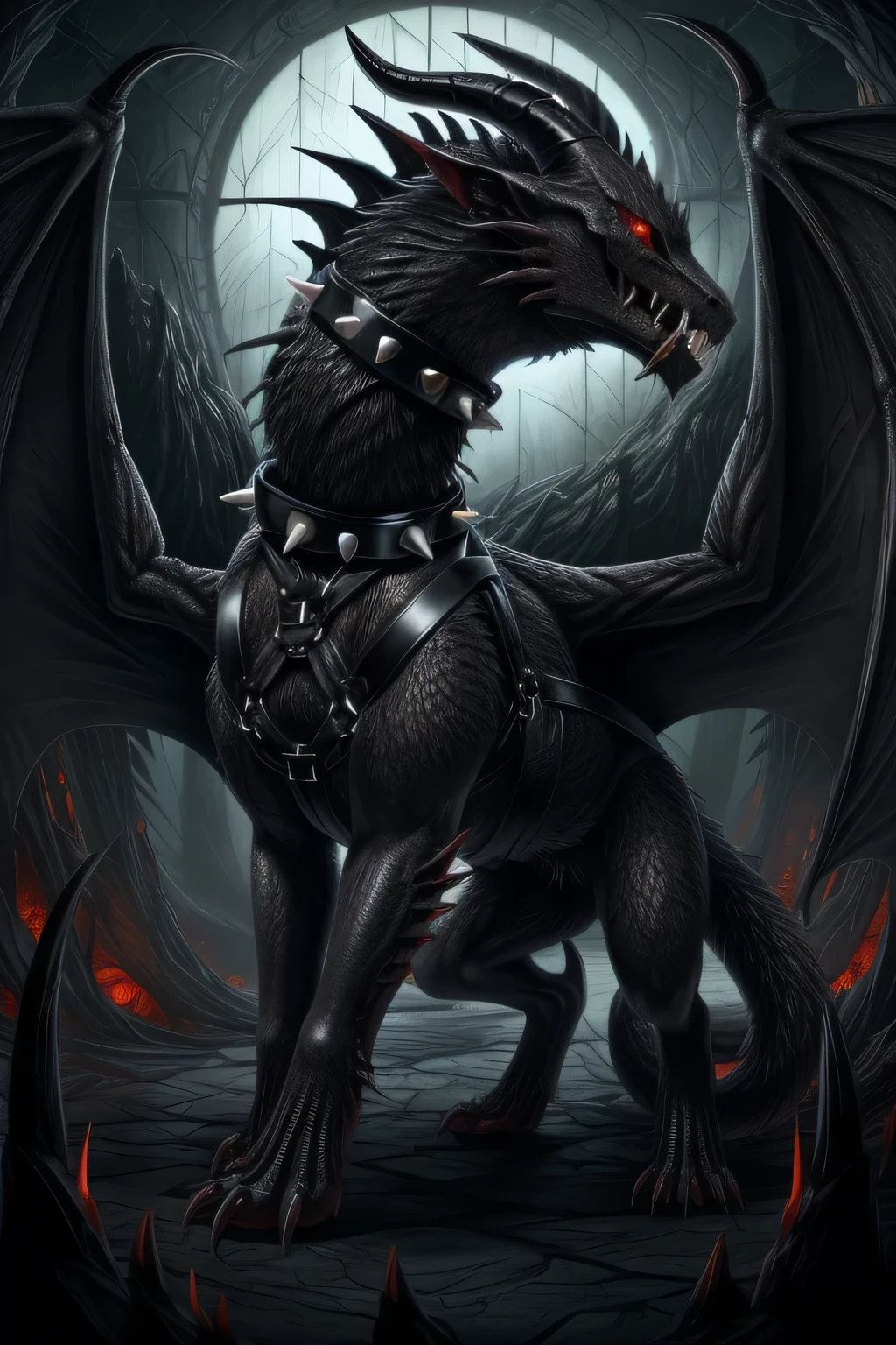 abyss monster, horror, female, feral, black smooth fur, webbed wings, claws, horns, red eyes, feline body, fangs, leather harness, full body, spiked collar, Detailed body fur, a three-quarter view, masterpiece