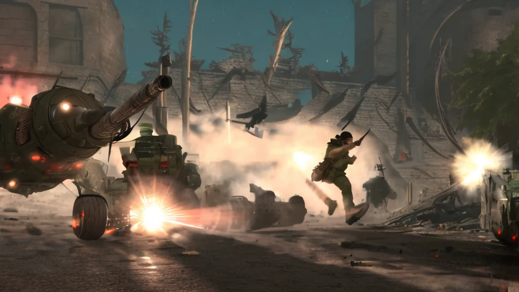 1man, asian, short black hair, green eyes, wearing american soldier uniform, running towards viewer, shooting assault rifle, oversized bird dressed as soldier, shooting sniper rifle, prophet, operations, luna, war torn city, explosions, absurdres, high res, ultrasharp, 8K, masterpiece, looking at viewer