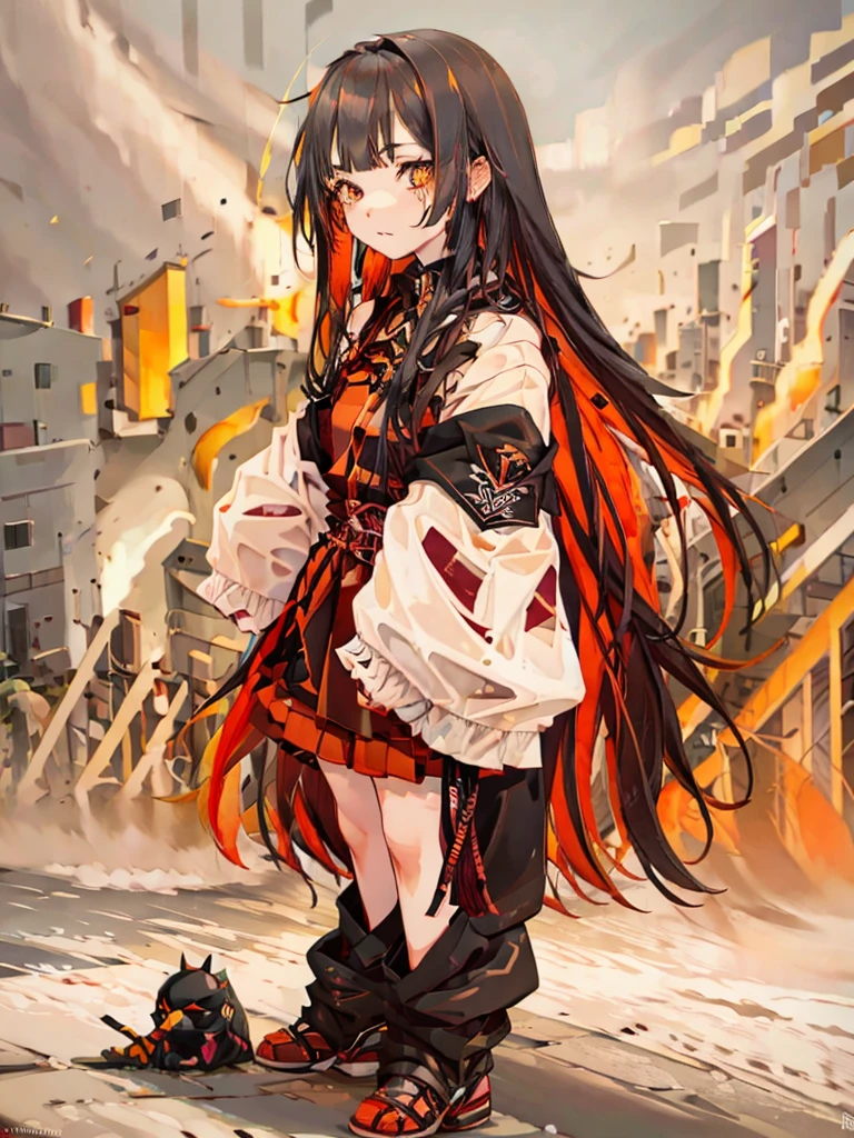 long hair, full body, orange eye, black hair, red inner hair, concept art, fashion coat,
