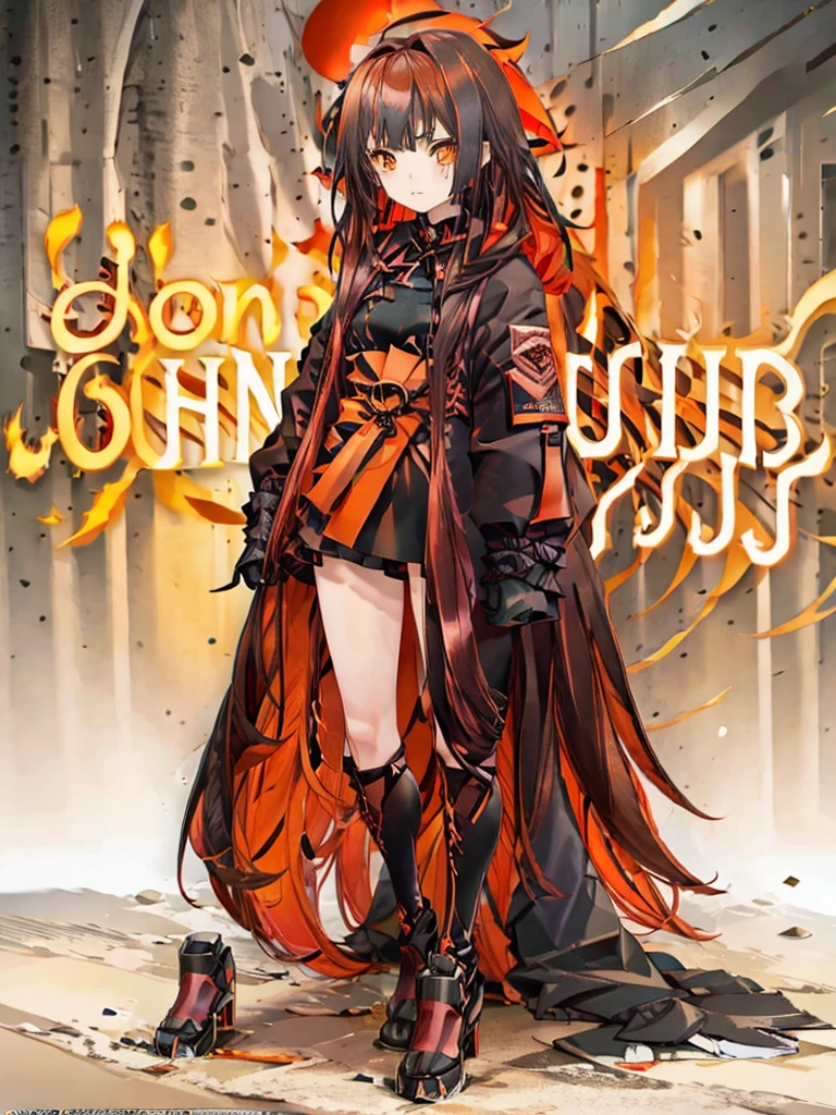long hair, full body, orange eye, black hair, red inner hair, concept art, fashion coat,