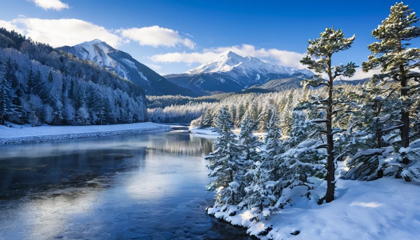 snow, tree, mountain, day, sky, winter, nature, pine tree, forest, blue sky, cloud, mountainous horizon, river, best Quality,The Masterpiece