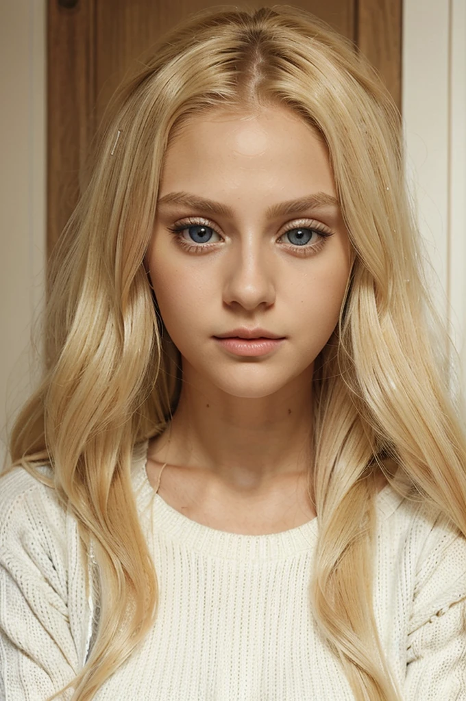 Blonde woman with long hair and a white sweater posing for a photo, a gorgeous blonde, longos blonde hair and large eyes, beautiful blonde girl, longos blonde hair and large eyes, blonde hair and large eyes, blonde girl, blonde swedish woman, face perfect ), one with blonde hair, Blonde and attractive features, yelena belova, Taran Dasha
