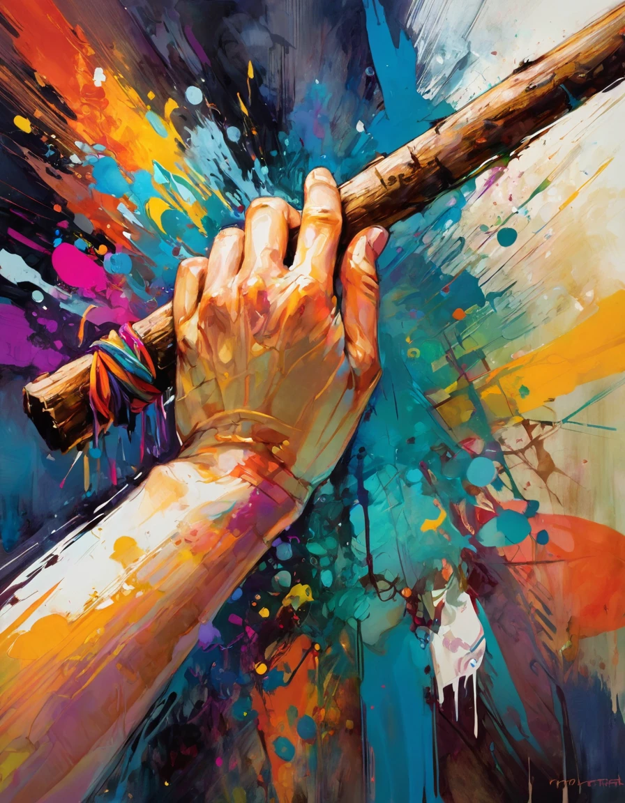 hand grabs a wooden stick, work inspired  by Bill Sienkiewicz, vivid colors, intricate details, oil.
