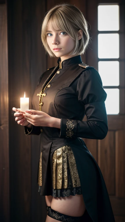 front view, cowboy shot, Denmark female, 20 years-old, (gold hair, shortcut-hair, detailed blue eye, Detailed pretty face,cutey lip ) ,normal body, Catholic, Black Sister uniform, ベネディクト会のシスタ－の服、シスタ－のかぶり物、  Each hand holds a candle，The body is wooden cross by chain， Steampunk, Gear, Black stockings,fantasy, Global illumination, back lit lighting, full bloom, ((Cold light)), Sharp focus, photograph realistic, Detailed skin, background out of focus, Cinematic composition , Ultra-detailed, Realistic , Hyper-realistic , volumetric lighting, 8K, trending on attestation