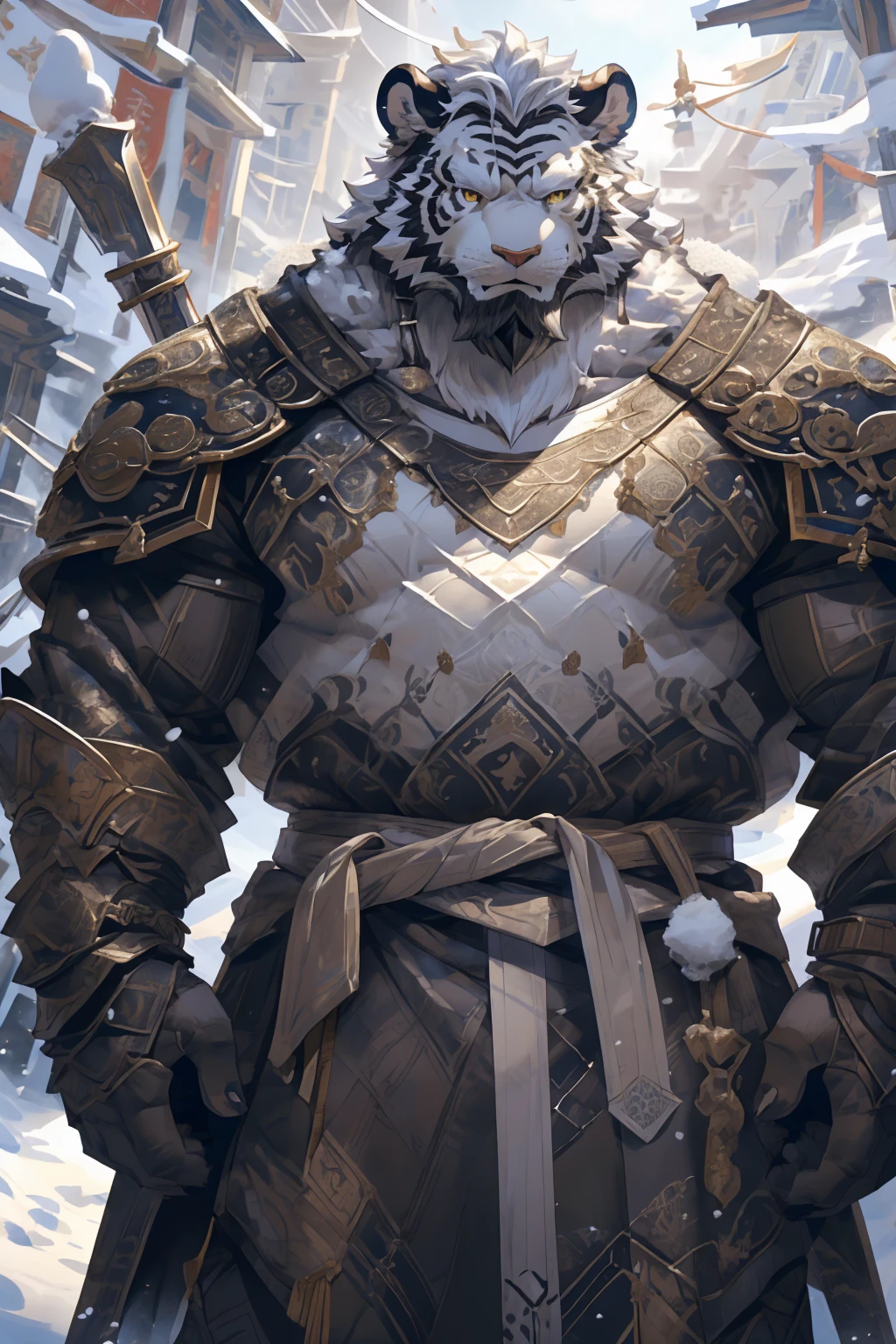 (White skintiger),(黑白阴阳Military commander战袍),(Holding a long sword),(Awesome posture:1.3),Standing quietly in,(The background is a city covered with ice and snow:1.5),(Abdominal muscles),Heroic飒爽,完美的masterpiece,Various facial details,Close-up view,specific description,masterpiece,(cg),(Golden Eyes),Black and white pattern,Black and white tail,Military commander,Heroic,tiger,Black and white fur,Detailed facial details,Half Body,(黑白阴阳Military commander战履),(Long feather),((middle aged)),(Face Focus),(16K),(HD),Black and white abdomen,temple,beard,(Face lines),(Heterochromia,),(Black and white yin and yang battle robe),(Black and white hair),(Strong:1.2),(muscle:1.3),(high resolution:1.3),(Standing in front of a city covered in snow),(Close up),(Detailed face:1.5),Perfect details,(Half Body),(Detailed depiction of the face:1.5),(Zoom in on the face:1.5),(白色Face lines:1.2),(黑色beard:1.3),(White face:1.6),(White body),(White skin,black strips:1.3),(White cheeks:1.5),(The skin color of the face is white:1.3),cg