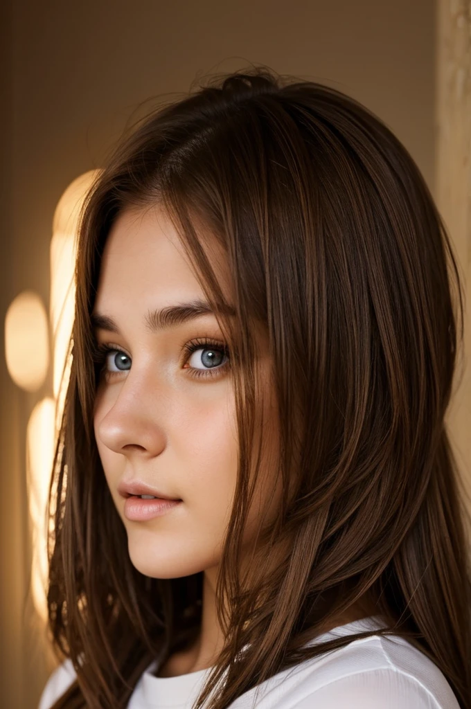 21 year old young woman, brown hair light csfes eyes