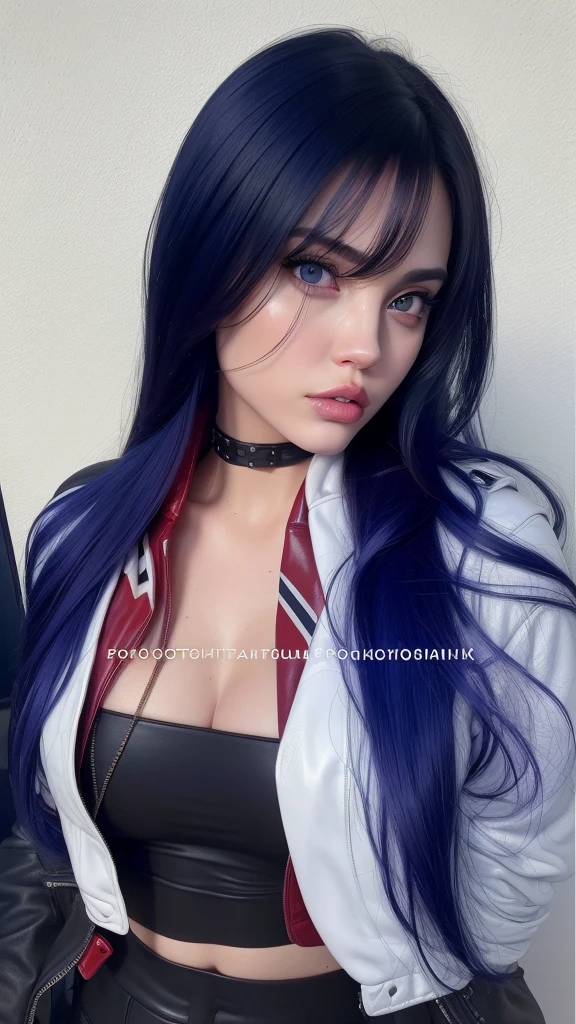 a young woman with long dark hair wearing a leather jacket, beautiful detailed eyes, beautiful detailed lips, extremely detailed eyes and face, long eyelashes, soft devil queen, 2000s style, Angelina Jolie, Bella Poarch, Instagram model, 18 years old, (best quality,4k,8k,highres,masterpiece:1.2),ultra-detailed,(realistic,photorealistic,photo-realistic:1.37),vivid colors,studio lighting,sharp focus