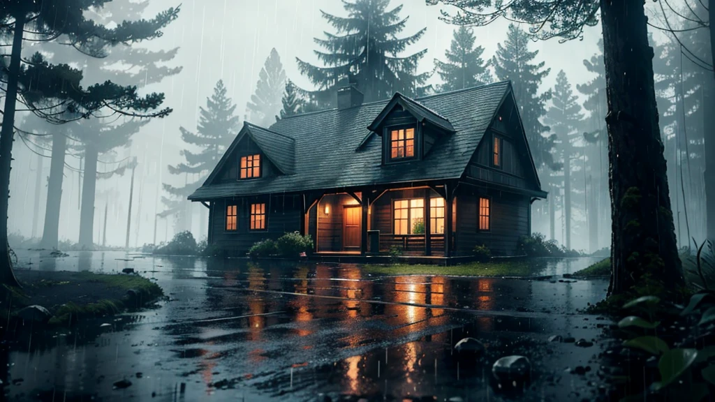 there is a house in wood in the rain with a lot of rain on it, a lot of trees, gloomy weather. hyperrealistic, rainy scene, at evening during rain, rainy day. game render, rainy evening, rainy night, raining at night, cryengine render 8 k, rain falling, unreal 6 breathtaking detailed, unreal engine realistic render, rain aesthetic, ultra realistic picture, rainy and gloomy atmosphere