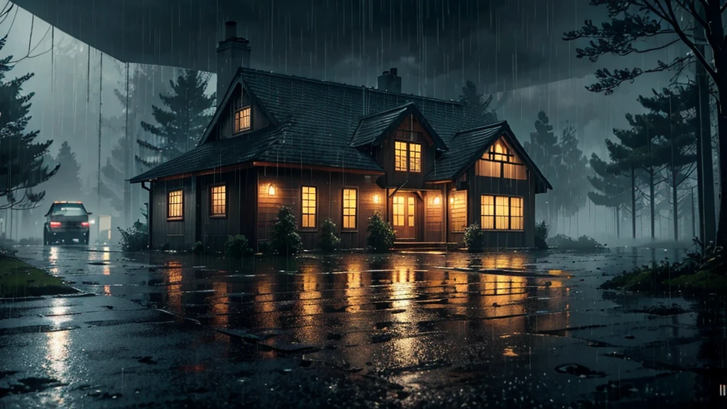 there is a house in wood in the rain with a lot of rain on it, a lot of trees, gloomy weather. hyperrealistic, rainy scene, at evening during rain, rainy day. game render, rainy evening, rainy night, raining at night, cryengine render 8 k, rain falling, unreal 6 breathtaking detailed, unreal engine realistic render, rain aesthetic, ultra realistic picture, rainy and gloomy atmosphere