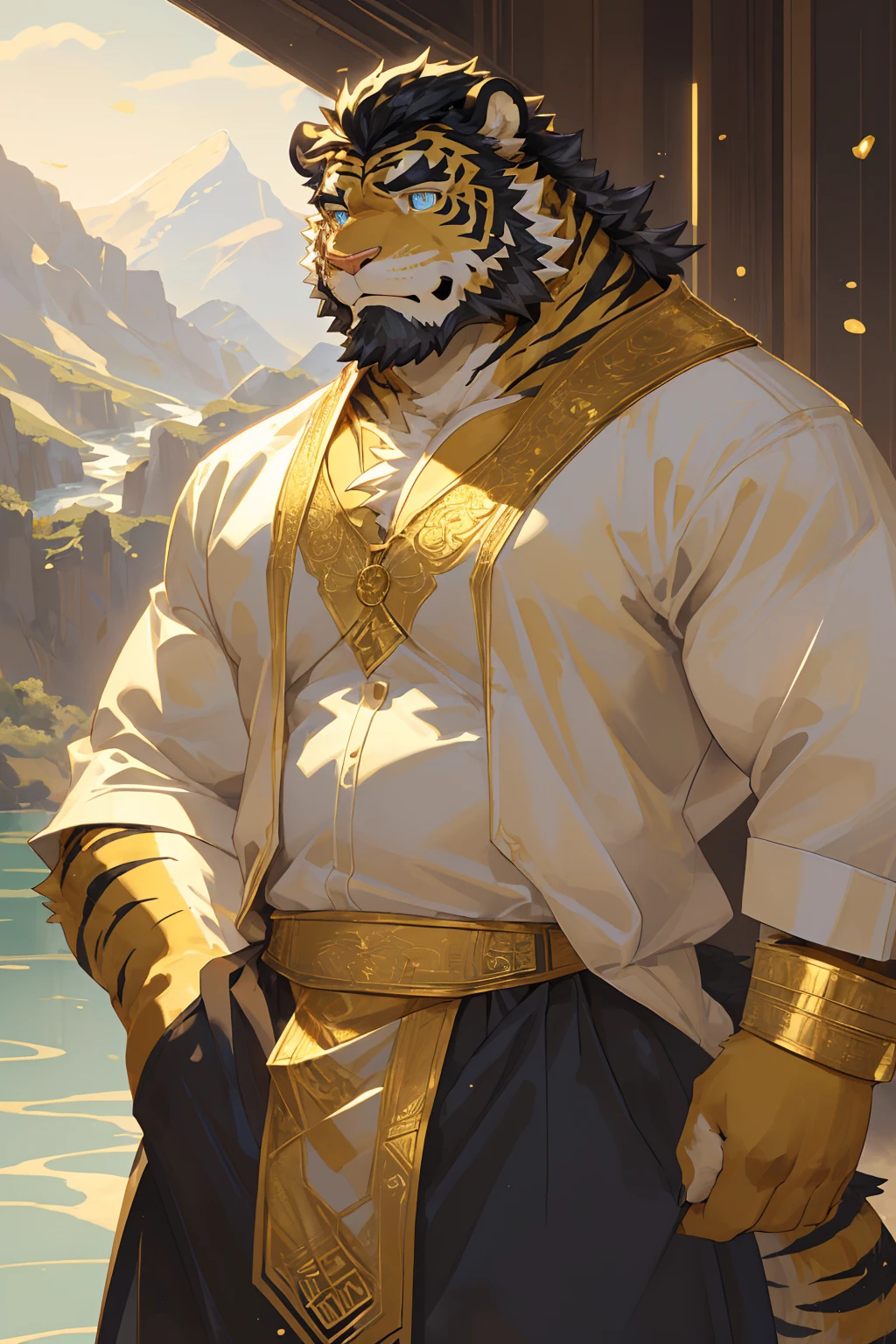 (Toned body),(White regular clothes:1.5),16k high quality detailed art,(White regular clothes:1),(Golden Tiger:1.1), (((White and golden fur:1.5))),(Duotone),(A pair of eyes of different colors, Blue and gold eyes:1.7),(Both eyes are the same size:1.4),(Muscular body:1.3),Handsome,(OK),(Perfect face),(Gold and white skin:1.3),(Full body description:1.3),Publaz, (Golden Tiger:1.1), (((Gold and white fur:1.3))),Handsome, (OK),Express,(Mountains, rivers and lakes background:1.3),(joy:1.3),(Golden Tiger tail),不同的Express,(A perfect masterpiece),(32k),(Abdominal muscles:1.3),(((middle aged:1.4))),(36 years old),(Gold Stripes),alone,(Black sideburns:1.2),(black beard:1.3),(Black Chin:1.3),(golden face pattern:1),(Very rich facial details:1.3),(Strong),(Mighty pose:1.3),Front view,(CG),(HD),(Black hair),Full body portrait,(Detailed background:1.3)