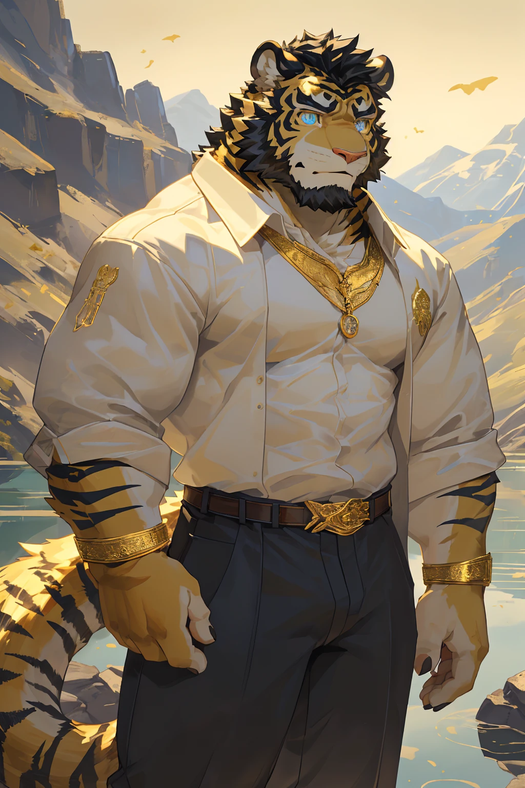 (Toned body),(White regular clothes:1.5),16k high quality detailed art,(White regular clothes:1),(Golden Tiger:1.1), (((White and golden fur:1.5))),(Duotone),(A pair of eyes of different colors, Blue and gold eyes:1.7),(Both eyes are the same size:1.4),(Muscular body:1.3),Handsome,(OK),(Perfect face),(Gold and white skin:1.3),(Full body description:1.3),Publaz, (Golden Tiger:1.1), (((Gold and white fur:1.3))),Handsome, (OK),Express,(Mountains, rivers and lakes background:1.3),(joy:1.3),(Golden Tiger tail),不同的Express,(A perfect masterpiece),(32k),(Abdominal muscles:1.3),(((middle aged:1.4))),(36 years old),(Gold Stripes),alone,(Black sideburns:1.2),(black beard:1.3),(Black Chin:1.3),(golden face pattern:1),(Very rich facial details:1.3),(Strong),(Mighty pose:1.3),Front view,(CG),(HD),(Black hair),Full body portrait,(Detailed background:1.3)