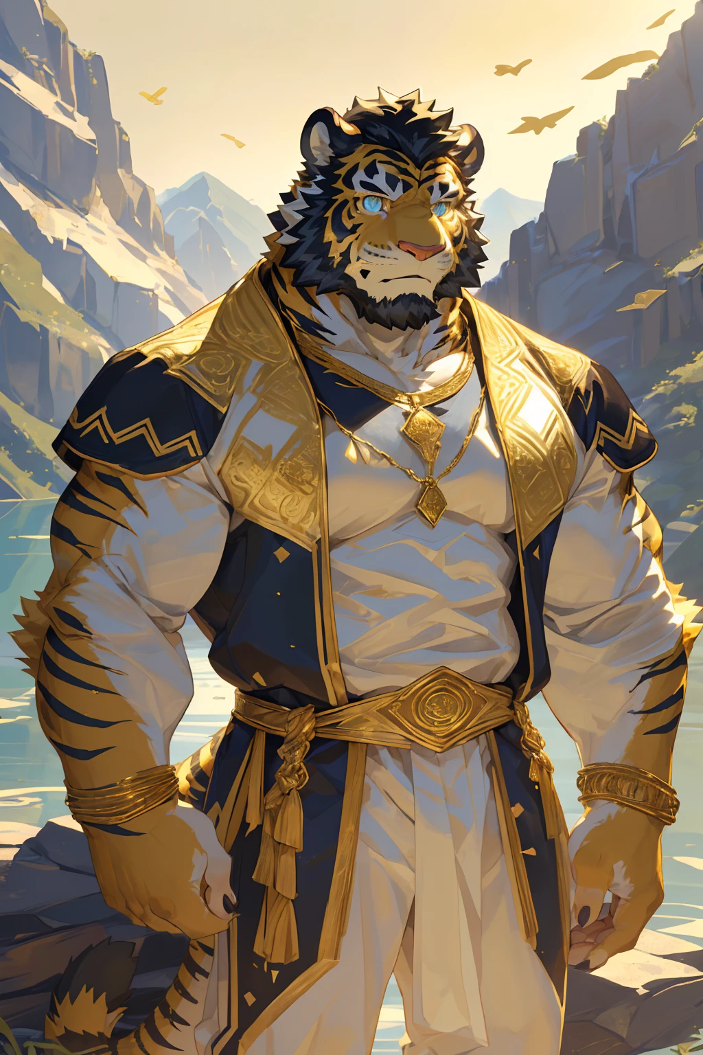 (Toned body),(White regular clothes:1.5),16k high quality detailed art,(White regular clothes:1),(Golden Tiger:1.1), (((White and golden fur:1.5))),(Duotone),(A pair of eyes of different colors, Blue and gold eyes:1.7),(Both eyes are the same size:1.4),(Muscular body:1.3),Handsome,(OK),(Perfect face),(Gold and white skin:1.3),(Full body description:1.3),Publaz, (Golden Tiger:1.1), (((Gold and white fur:1.3))),Handsome, (OK),Express,(Mountains, rivers and lakes background:1.3),(joy:1.3),(Golden Tiger tail),不同的Express,(A perfect masterpiece),(32k),(Abdominal muscles:1.3),(((middle aged:1.4))),(36 years old),(Gold Stripes),alone,(Black sideburns:1.2),(black beard:1.3),(Black Chin:1.3),(golden face pattern:1),(Very rich facial details:1.3),(Strong),(Mighty pose:1.3),Front view,(CG),(HD),(Black hair),Full body portrait,(Detailed background:1.3)