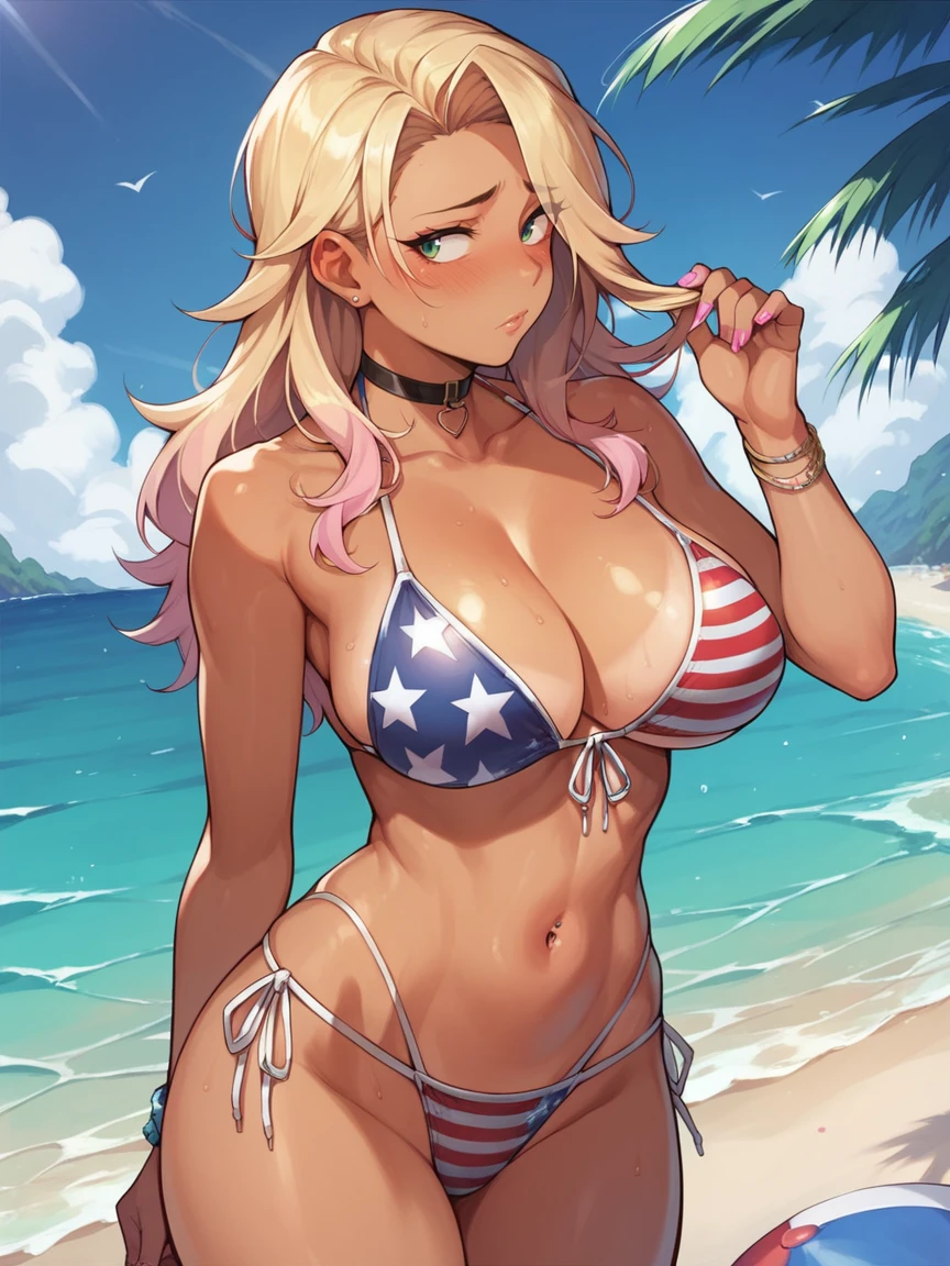 score_9, score_8_up, score_7_up, 1girl, solo, outdoors, beach, flag bikini, american flag bikini, American flag, tomboy, shy, blush, gyaru, standing, choker, looking to the side, big breasts, wide hips, medium long hair,