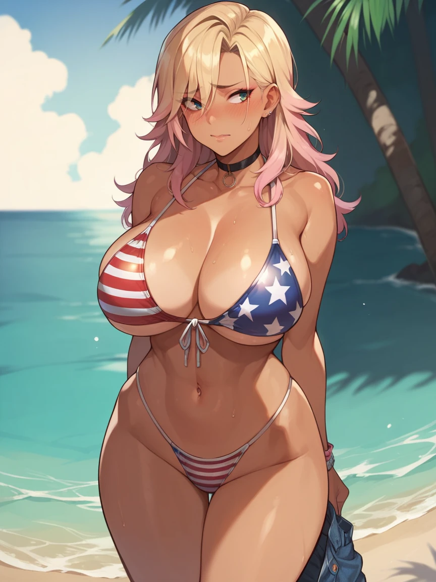 score_9, score_8_up, score_7_up, 1girl, solo, outdoors, beach, flag bikini, american flag bikini, American flag, tomboy, shy, blush, gyaru, standing, choker, looking to the side, big breasts, wide hips, medium long hair,