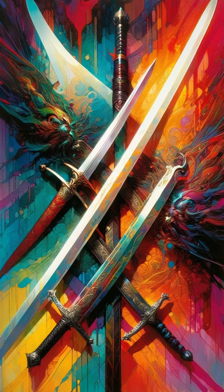 two swords, work inspired by Bill Sienkiewicz, vivid colors, intricate details, oil.
