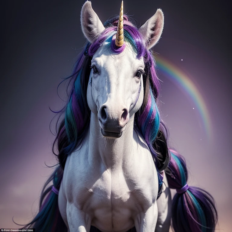 a full shot at eye-level reveals a vibrant unicorn character, adorned in a purple cap, a white shirt, and a rainbow skirt. the unicorn's face is a striking purple, adorned with a large black heart on its chest. its mouth is agape, revealing a set of sharp teeth. the unicorn's eyes are a striking blue, and its ears are a vibrant pink. the unicorn is standing on a white skateboard, adding a dynamic element to the composition. the backdrop is a textured purple canvas, providing a stark contrast to the unicorn's vibrant colors.