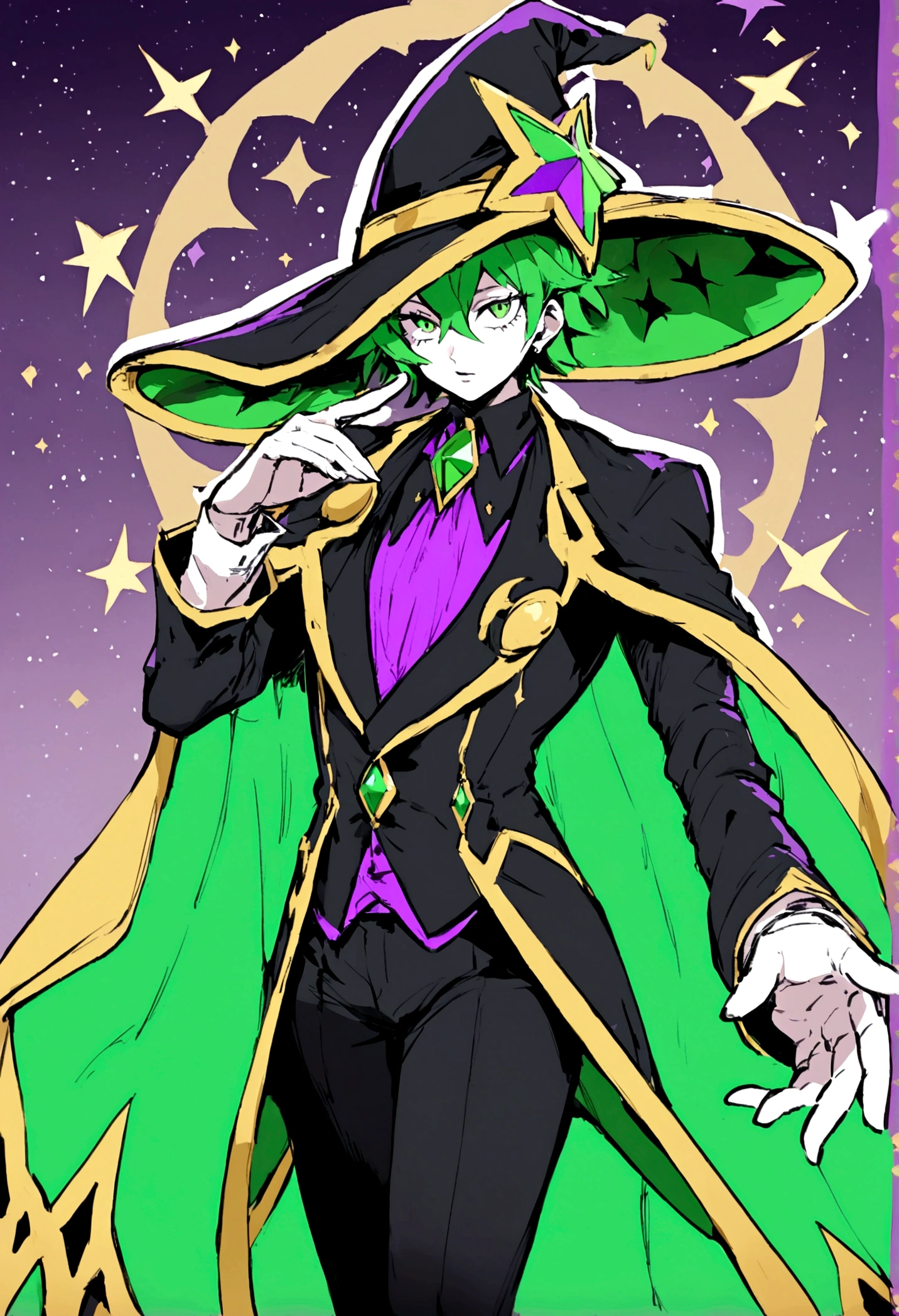 BNHA style hero costume, must look like a magician. It should be a masculine suit for a slim body. Use Purple and Green colors. Includes a witch hat.