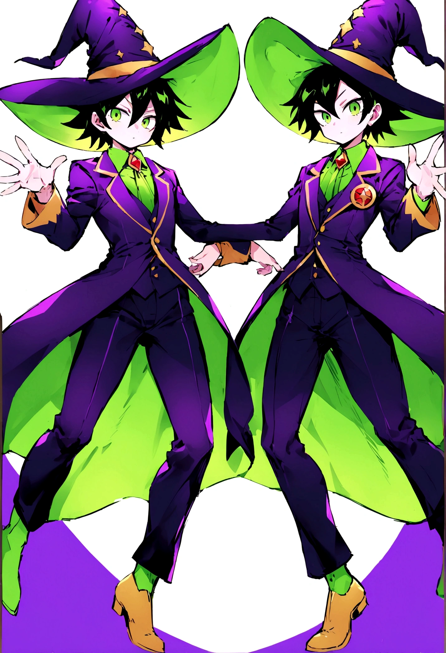 BNHA style hero costume, must look like a magician. It should be a masculine suit for a slim body. Use Purple and Green colors. Includes a witch hat.