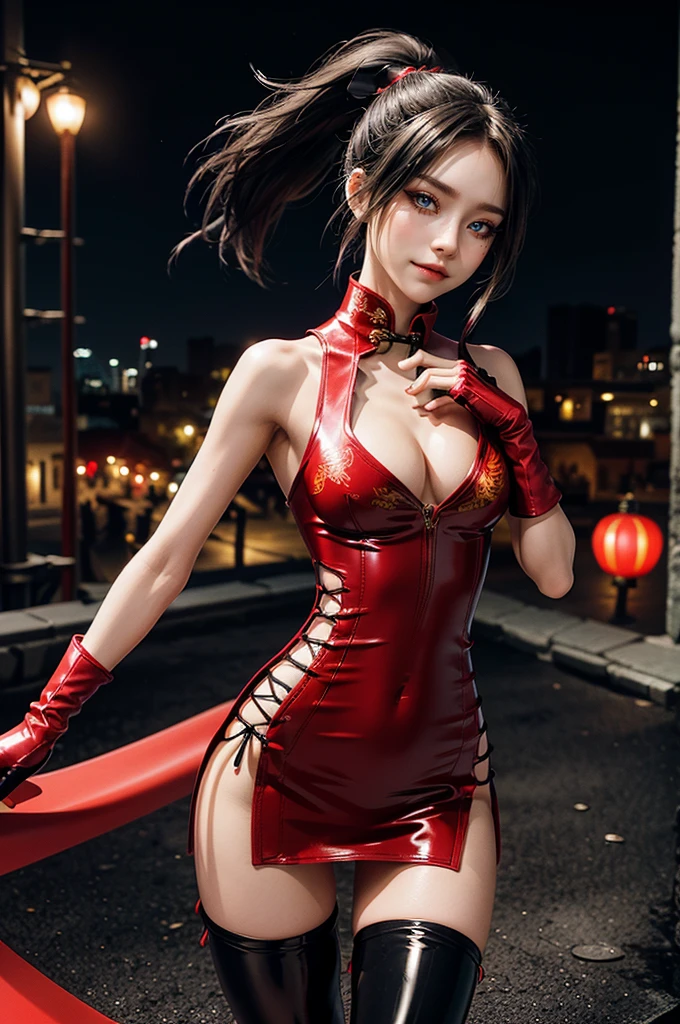 (RAW photo, best quality), Cute girl with short black hair, (ponytail), (city roof at night background), low light , dark eyeliner, cute smile, gorgeous face , super cute, 18 years old , young looking, hyper detailed face, dark eyeliner, (medium breast), (thin waist, super slender), (bare shoulders, (exposed hips), skintight and red PVC qipao china dress with yellow dragon decoration and vivid patterns, deep black leather thigh high boots, ((red PVC fingerless gloves)), cleavage, ((both hands on waist)), one leg in front of the other, (((very extremely small small navel exposure))), (thigh belt)
