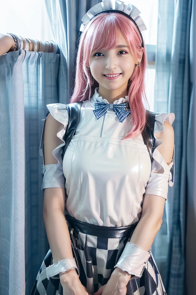 (8K, Highest quality, masterpiece:1.2), (Realistic, Photorealistic:1.37), Super detailed, One Girl, (Very detailed), (Beautiful and detailed eyes), (Highest quality), (Very detailed ), (masterpiece), (Detailed face), 20-year-old, 1 Girl, ((Pink Hair,Long Hair,Beige inner color)), Medium chest, Dressed, Perfect lighting, break, (Black leather bodysuit:1.4), (White and blue checkered maid outfit:1.5), (White lace collar and cuffs:1.3), (White frilly apron:1.3), (White headband:1.2), (Black Choker:1.2), (Silver Earrings:1.2), (White knee socks:1.2), (Black Loafers:1.2), brake, (From the upper body to the knees:1.3), (Right shoulder side ponytail:1.3), (Smiling for the camera:1.3), (Pull on the apron pocket with your right hand:1.3), (Lift the hem of your skirt with your left hand:1.3), (A room with white and blue checked wallpaper and curtains:1.3), (Natural light:1.3)