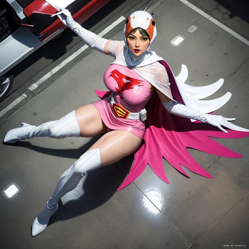 ANI_CLASSIC_jun_gatchaman_ownwaifu,1girl, 15yo,good anatomy, masterpiece, best quality,realistic, hyperrealistic, 16k hdr, long hair,breasts,green eyes,lips,large breasts,lipstick,makeup,gloves,cape,helmet,belt,elbow gloves,white gloves,mask,ultra miniskirt,leotard,spacesuit,white tight overknee highheels boots,pink dress,superhero,bodysuit,cleavage,erected nipples,(sexy pose,view from above),(spread legs:1.1),cameltoe