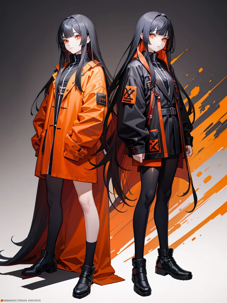 long hair, full body, orange eye, black hair, red inner hair, concept art, fashion coat,