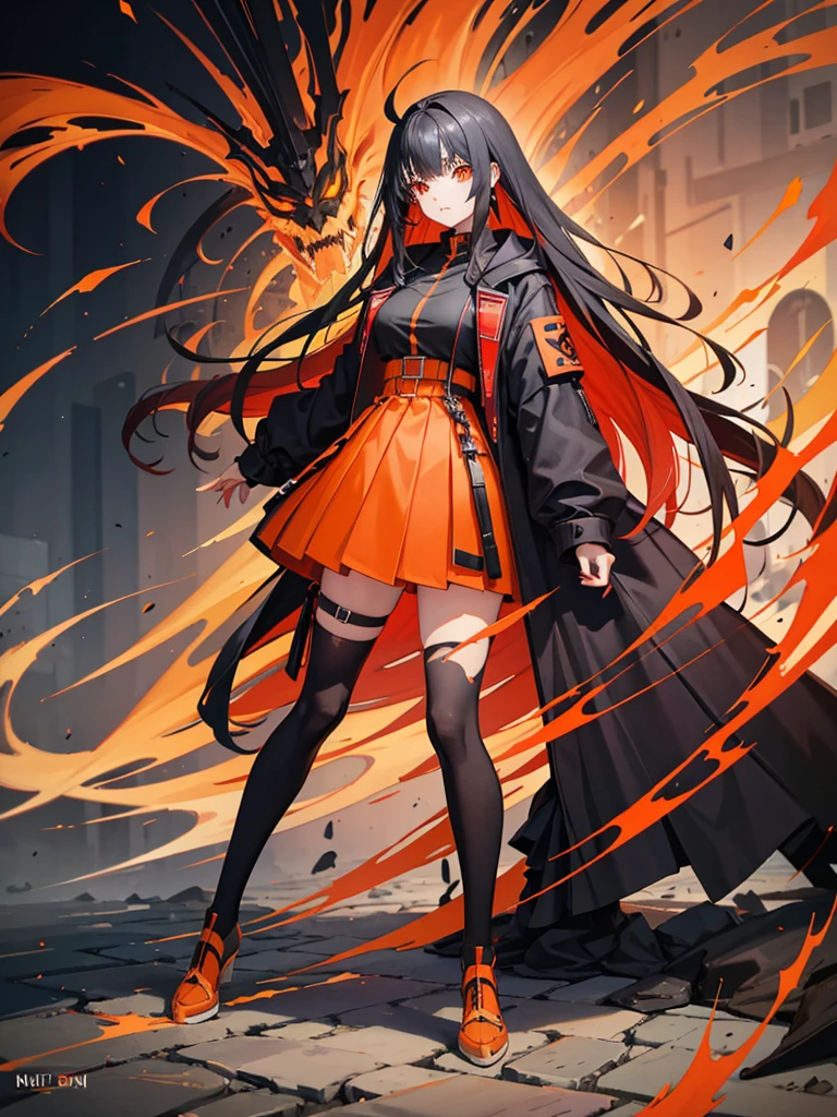 long hair, full body, orange eye, black hair, red inner hair, concept art, fashion coat, 