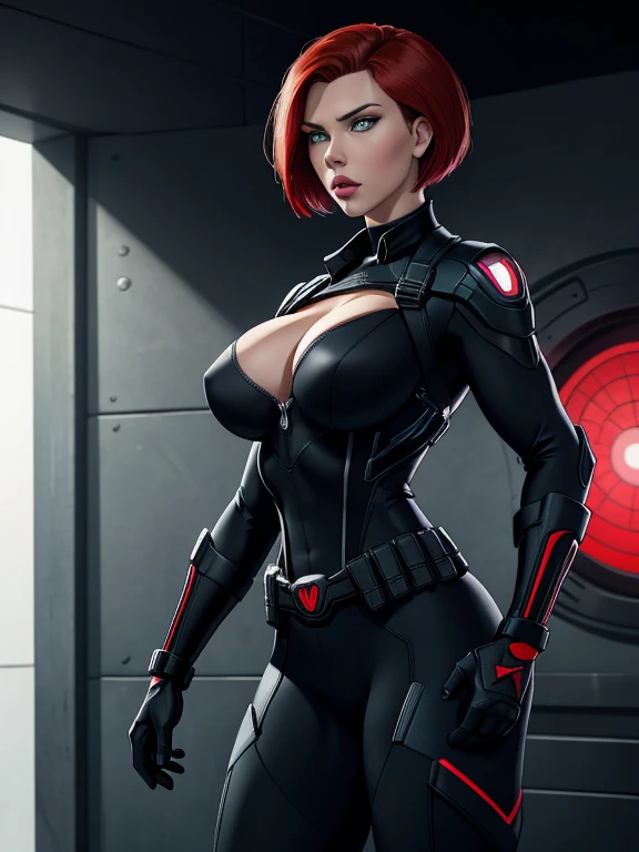 Scarlett Johansson as Black Widow, ((Masterpiece)); ((Natural Beauty)); ((Ultrarealistic green eyes)); both eyes are similar; ((Ultrarealistic fair white skin)); ((Ultrarealistic round boobs)); Deep Cleavage; nipples poking; ((Ultrarealistic red short classic bob haircut hairstyle)); ((Ultrarealistic round Asscheeks)); ((Ultrarealistic widow bite black gloves)); ((Ultrarealistic black widow utility belt)); black and red tactical vest; Bright Red stripe accents on the side of the suit; Short sleeve; looking at the viewer; Hands Behind Back: Black Widow stands with her feet shoulder-width apart, hands clasped behind her back. The tight tactical suit accentuates the muscles in her back and arms. Her short hair is styled neatly, and she stands in a relaxed yet ready posture.