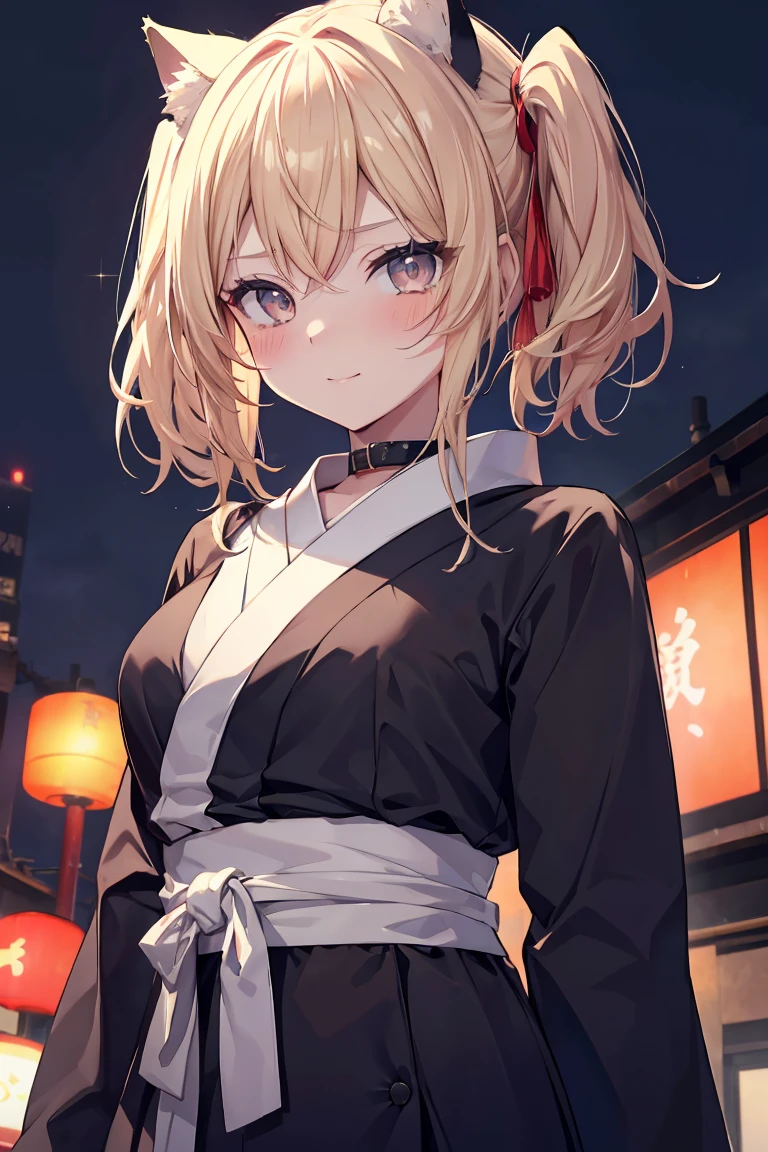 blond hair, cat collar black, flame sparking eyes, boobs, belly button, japanese street tokyo, staring at sky, first field view, twintails, sunglasses, amber eyes, animal ears, smile, embarrassed, blush, tearing up, high detail, anime, Romanticism, sparkle, silhouette, depth of field, UHD, retina, masterpiece, ccurate, anatomically correct, textured skin, super detail, high details, award winning, best quality, highres, high quality, 16k