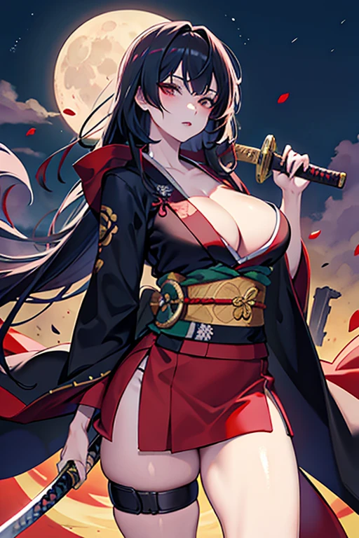 Solo,cleavage, haori, thick thighs, outstanding details, blood,big breasts ,moon, kimono, parted lips, katana,scar on chest,standing,