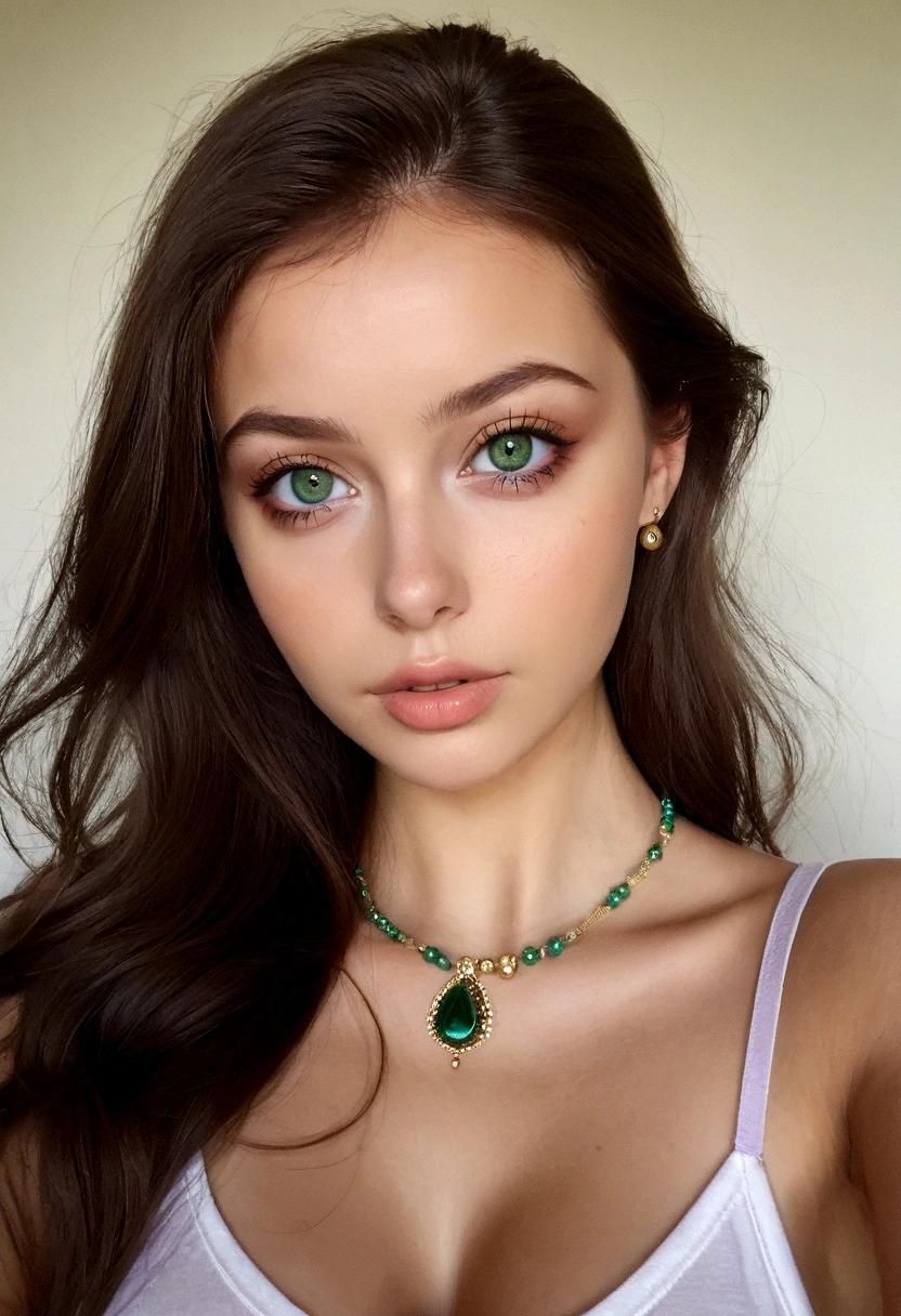 femme arafée avec un débardeur blanc et un collier, fille sexy aux yeux verts, Portrait de Sophie Mudd, cheveux bruns et grands yeux, selfie d&#39;une jeune femme, yeux de la chambre, violette myers, sans maquillage, maquillage naturel, regarder directement la caméra, visage avec artgram, maquillage subtil, Superbe photo de tout le corps, yeux verts perçants