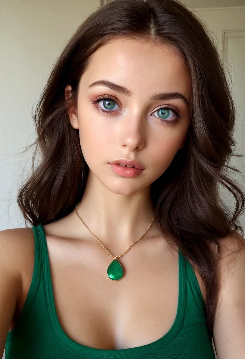 femme arafée avec un débardeur blanc et un collier, fille sexy aux yeux verts, Portrait de Sophie Mudd, cheveux bruns et grands yeux, selfie d'une jeune femme, yeux de la chambre, violette myers, sans maquillage, maquillage naturel, regarder directement la caméra, visage avec artgram, maquillage subtil, Superbe photo de tout le corps, yeux verts perçants