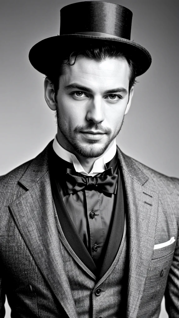 A sexy gentleman,Victorian era fashion, handsome face, black and white photo, homoerotic 
