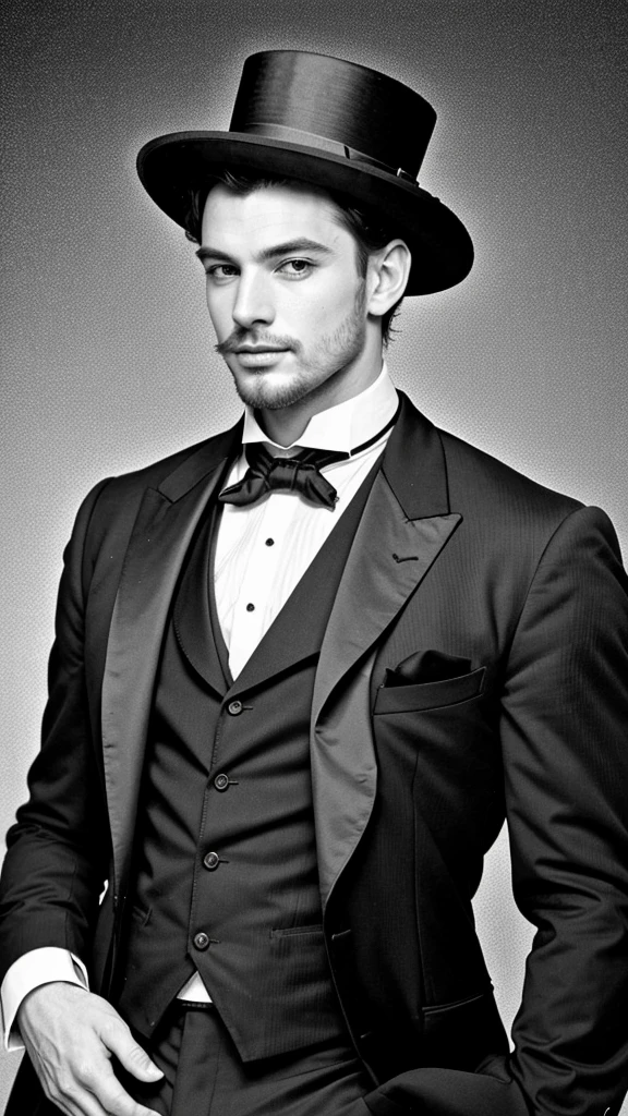 A sexy gentleman,Victorian era fashion, handsome face, black and white photo, homoerotic 