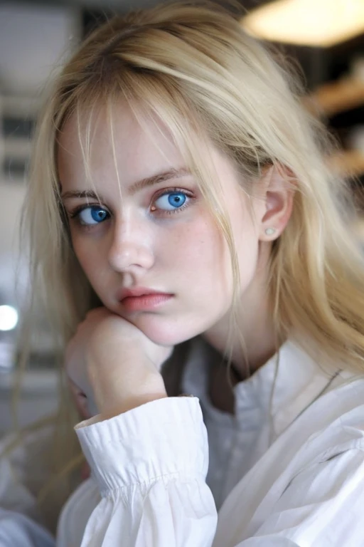A close-up portrait of a young woman with messy blonde hair and striking blue eyes. She is resting her chin on her hand and looking directly at the camera with a pensive expression. She is wearing a white long-sleeved shirt. The background is softly blurred, with an indoor setting that includes some shelves and a soft light coming from behind.