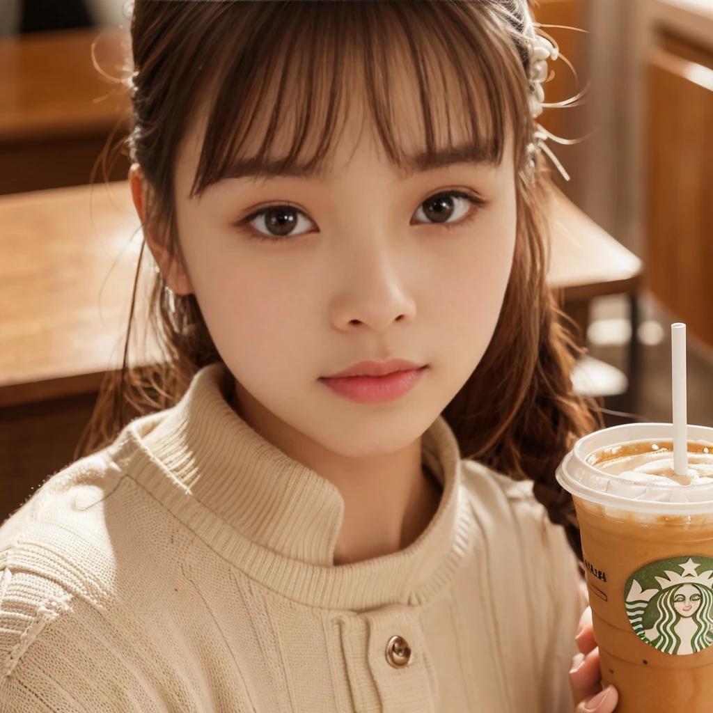 A girl in border knit with beige and white, portrait, close up,  looks front, make up, orange red cheek, smooth skin, in a starbucks, iced coffee on table