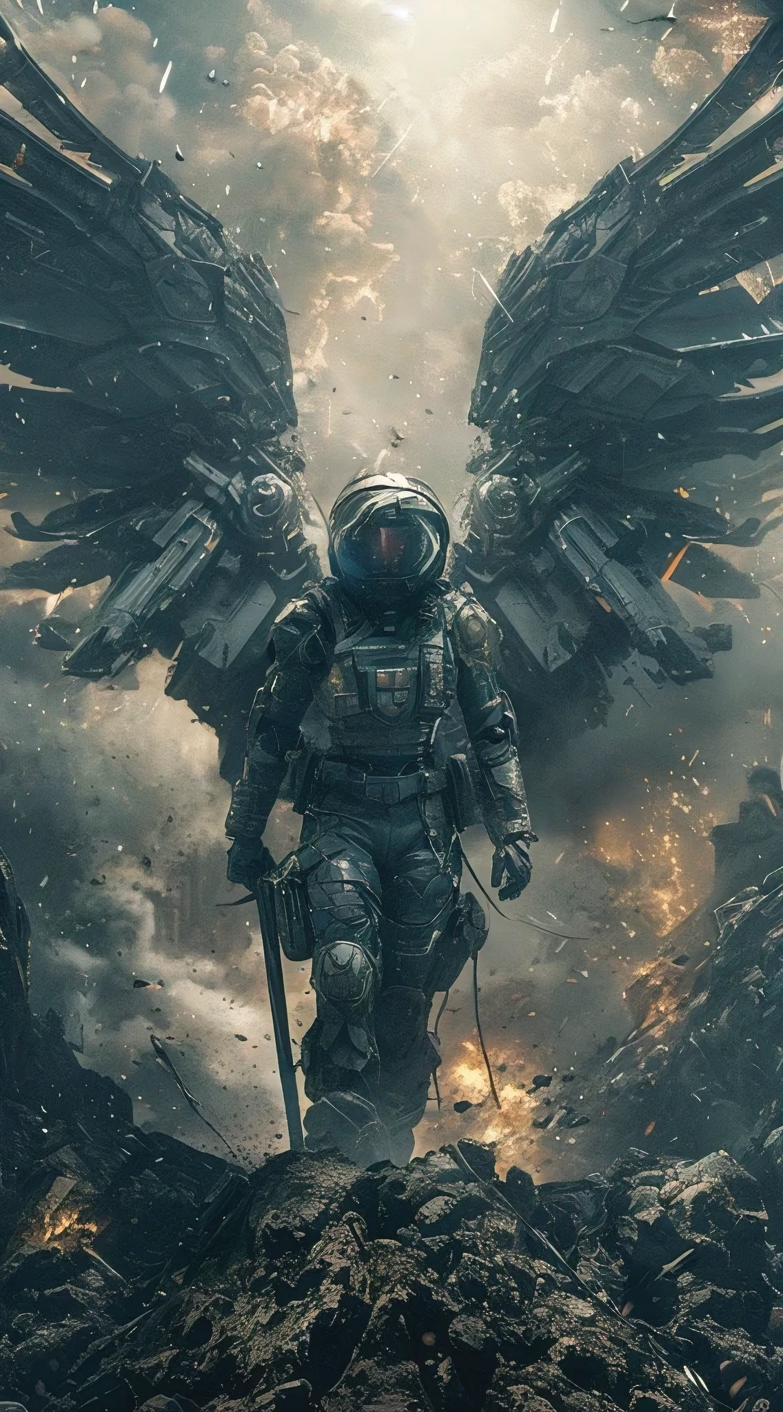 a futuristic post-apocalyptic landscape, a female android warrior with glowing eyes, detailed mechanical body, advanced weaponry, dramatic lighting, cinematic composition, epic sci-fi, stunning 8k, photorealistic, hyper-detailed, dramatic shadows and highlights, moody color palette, intricate machinery, glowing circuitry, dynamic pose, cinematic camera angle, masterpiece