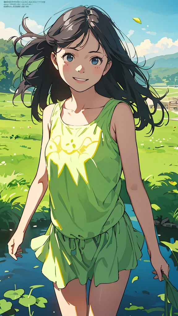 reasonable design, Clear lines, High Sharpness, (highest quality,8K,Perfect sharpness,Ultra fine,High resolution,masterpiece:1.2), Perfect Anatomy:1.5, Official Art, Illustrations that tell a story, (Whitish background:0. 9)、Body Positivity、More Mr.Physical expression、(Random and mischievous poses)、Perfect beauty、Perfect beautiful face、Strong winds、A rich expression、Dynamic composition、smile、Golden ratio composition、colorful、(Mr.Different angles and perspectives)、anime art、mini skirt、(Overcoming stereotypes)、 Glowing Skin、(Natural beauty)、smile、bangs、Straight Hair、(Soft and flowing hair)、(Rural Scenery)、(Nostalgic atmosphere)、Insert up to the thighs、(Playful and carefree)、(More Mr.Ethnic characters)、(innocent attitude)、(Sunny atmosphere)、Skirt flipped up、(Bright colors)、Belly button exposed、Beautiful Eyes、A skirt fluttering in the wind、Put it in to your feet、Some composition patterns、Tank top、上からアングル、Sensual、