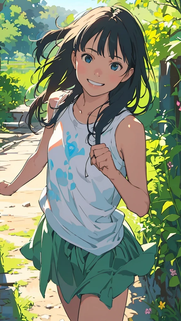 reasonable design, Clear lines, High Sharpness, (highest quality,8K,Perfect sharpness,Ultra fine,High resolution,masterpiece:1.2), Perfect ???????:1.5, Official Art, Illustrations that tell a story, (Whitish background:0. 9)、Body Positivity、More Mr.Physical expression、(Random and mischievous poses)、Perfect beauty、Perfect beautiful face、Strong winds、A rich expression、Dynamic composition、smile、Golden ratio composition、colorful、(Mr.Different angles and perspectives)、anime art、mini skirt、(Overcoming stereotypes)、 Glowing Skin、(Natural beauty)、smile、bangs、Straight Hair、(Soft and flowing hair)、(Rural Scenery)、(Nostalgic atmosphere)、Insert up to the thighs、(Playful and carefree)、(More Mr.Ethnic characters)、(innocent attitude)、(Sunny atmosphere)、Skirt flipped up、(Bright colors)、Belly button exposed、Beautiful Eyes、A skirt fluttering in the wind、Put it in to your feet、Some composition patterns、Tank top、上からアングル、Sensual、