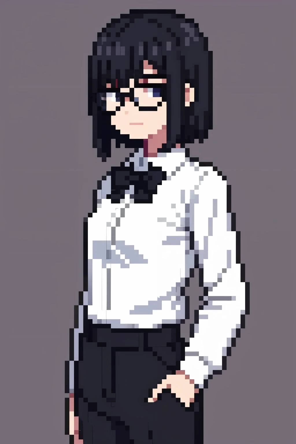 Office attire
White shirt
Black pants
Black leather jacket
Small round black glasses
Short wine-colored hair
Calm expression, futuristic background